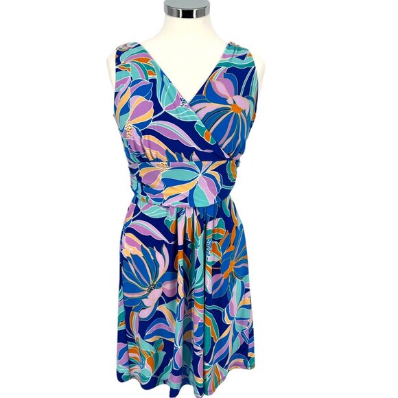 Pappagallo Tropical Floral Print Jersey Sleeveless Mini Dress Blue Size XS NWT - Picture 1 of 10